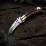 Takipsilim Handmade Karambit Balisong Butterfly Knife | High Polished High Carbon Steel | Walnut Handle with Brass Bolsters and Leather Sheath BF-177