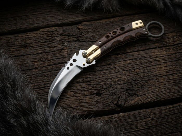 Takipsilim karambit balisong knife open with the blade showing, second view
