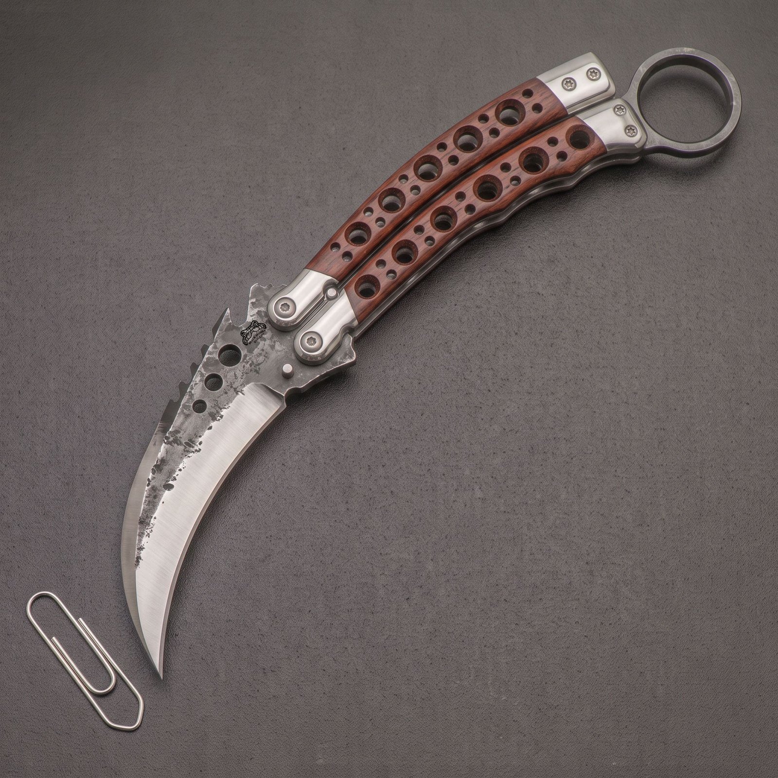 Handmade karambit balisong butterfly knife with forged high carbon blade and rose wood handle Handmade karambit balisong butterfly knife with forged high carbon blade and rose wood handle