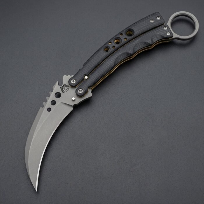 Handmade karambit balisong butterfly knife with matte stone washed D2 blade and black micarta handle