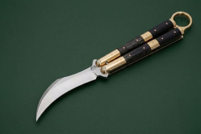 Handmade karambit balisong butterfly knife with satin blade, alternating buffalo horn and bone handle and brass frame