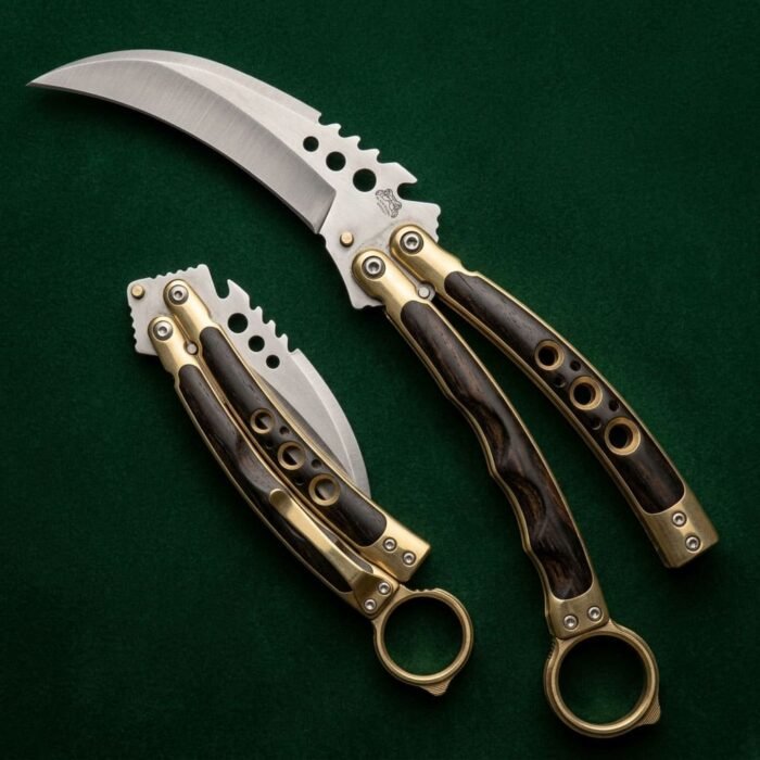 Handmade karambit balisong butterfly knife with satin polished blade, wenge wood handle and full brass frame