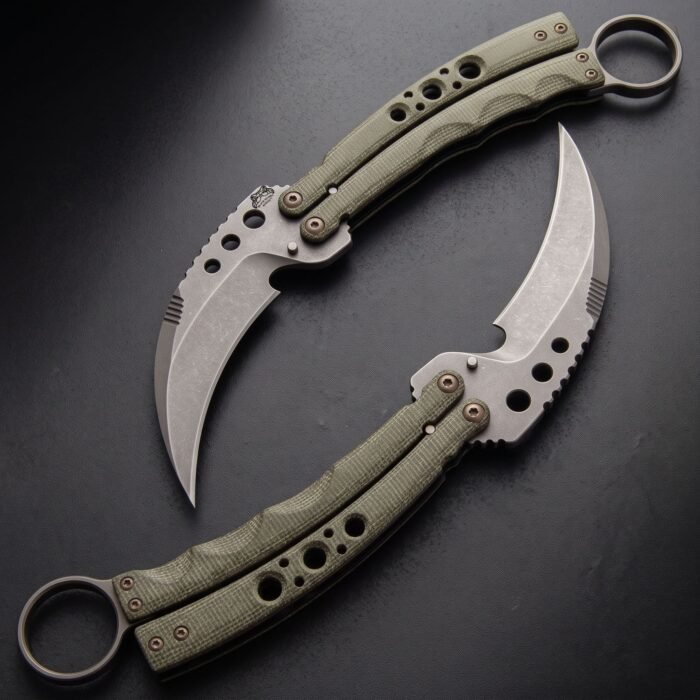 Handmade karambit balisong butterfly knife with stone washed D2 blade, OD green micarta handle and brass hardware
