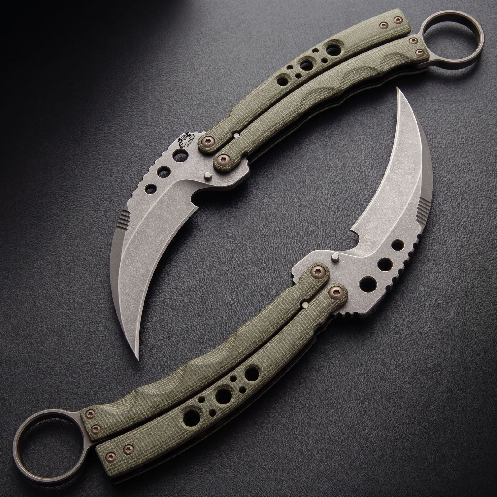 Handmade karambit balisong butterfly knife with stone washed D2 blade, OD green micarta handle and brass hardware Handmade karambit balisong butterfly knife with stone washed D2 blade, OD green micarta handle and brass hardware