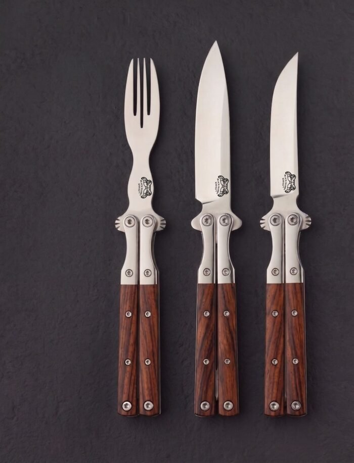Handmade three piece balisong steak set with two polished high carbon knives and a fork in rose wood