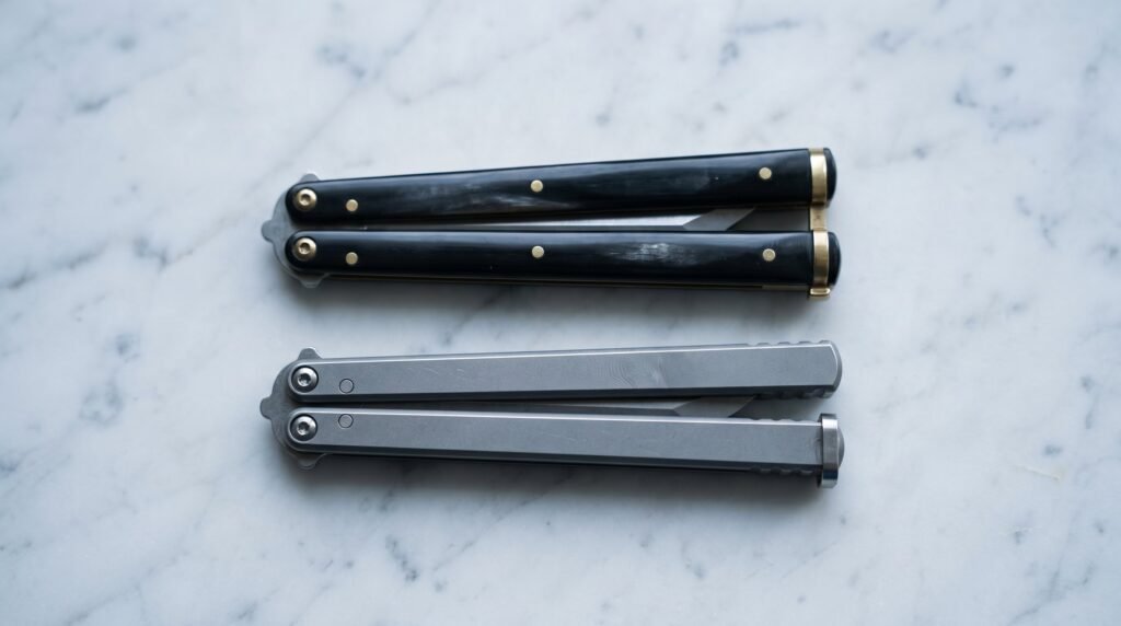 Two closed balisong butterfly knives on white marble, one with buffalo horn handles and brass pins and one with grey machined handles
