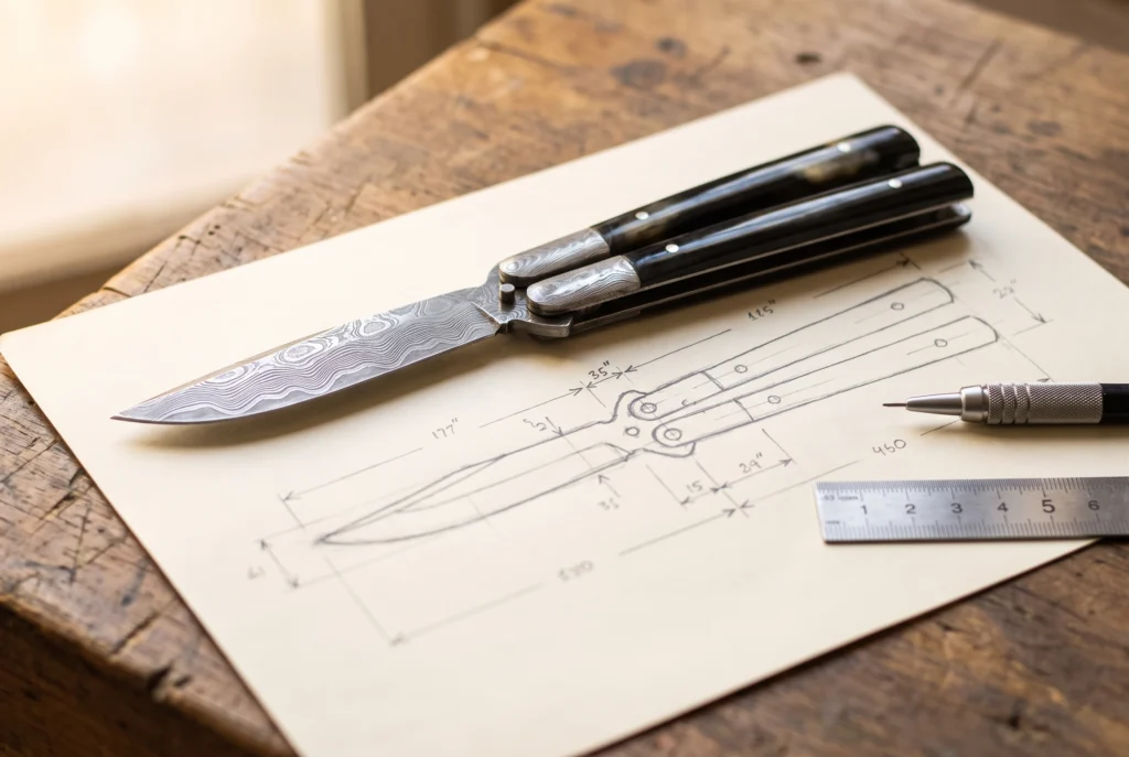 A finished Damascus balisong resting on a hand drawn design sketch with measurements