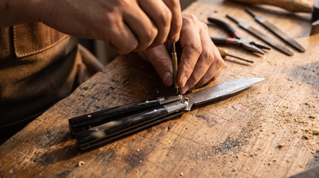 A maker tuning the pivot of a custom Damascus balisong with horn handles on a workbench