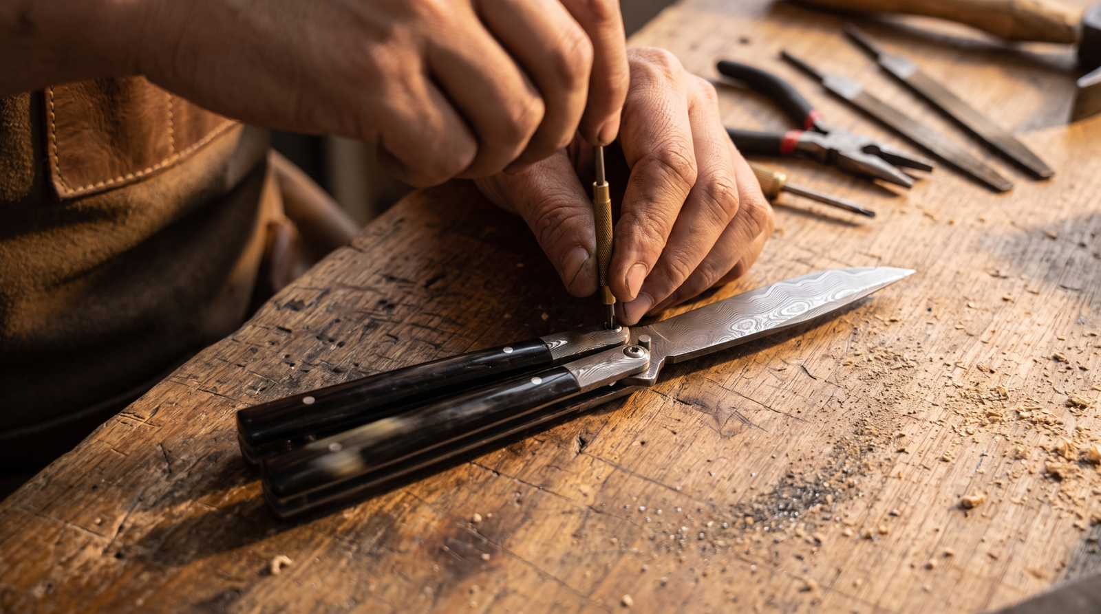 A maker tuning the pivot of a custom Damascus balisong with horn handles on a workbench