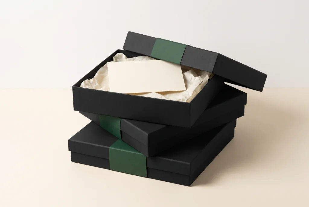 Branded gift boxes with tissue and card inserts for corporate knife orders