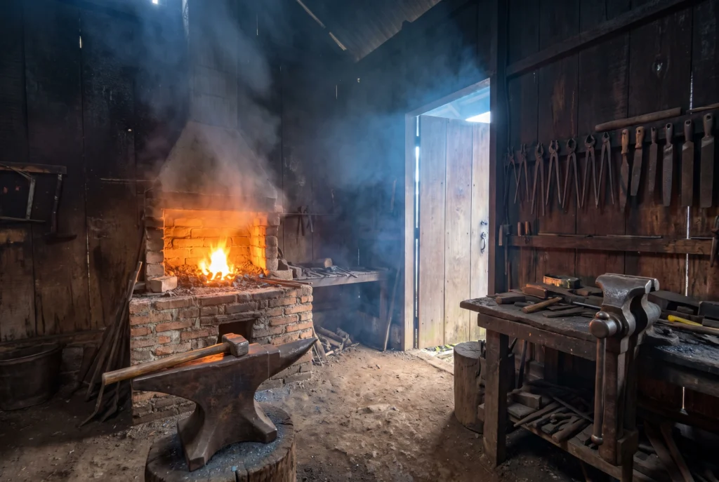 A traditional Filipino blacksmith workshop in Batangas with a glowing forge and anvil