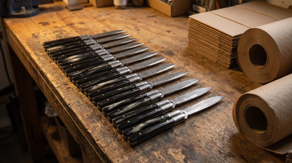 A production batch of hand forged Damascus balisongs laid out in rows on a packing bench