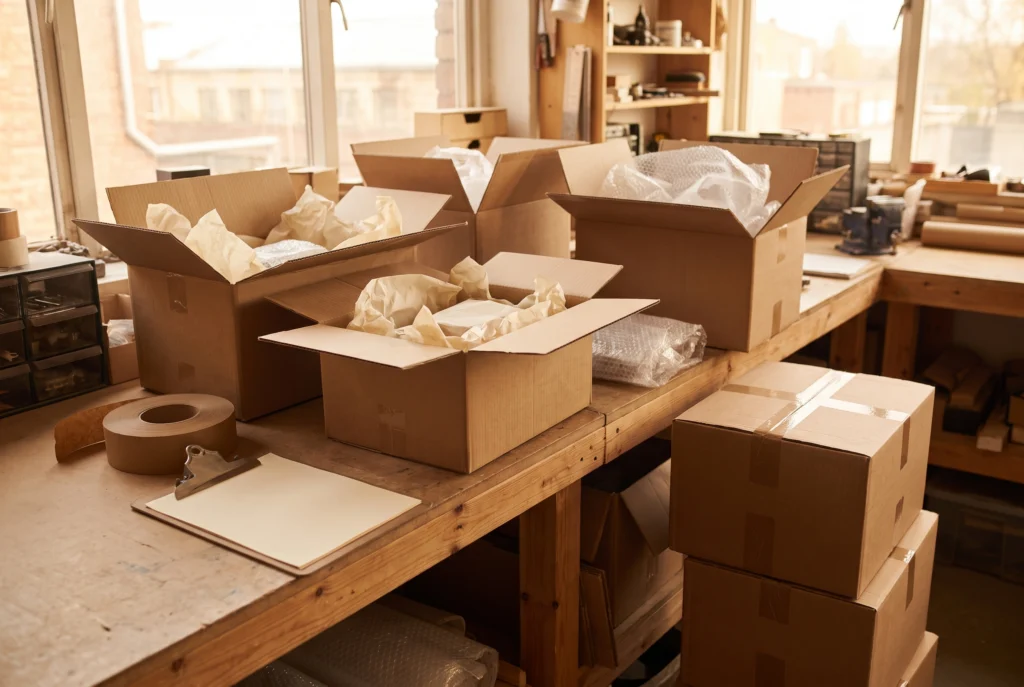 Wholesale knife orders being wrapped and packed into cartons for dispatch