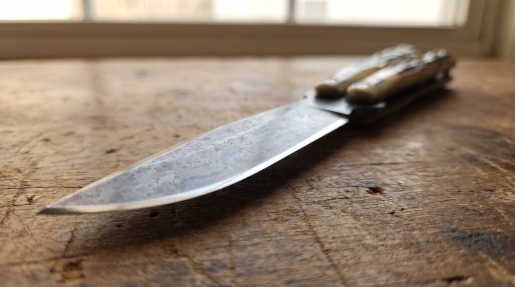 Butterfly knife blade in high carbon steel showing a mottled grey patina across the flat and a bright sharpened edge