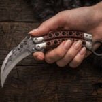 Kawit Handmade Karambit Balisong Butterfly Knife | Forge Finished High Carbon Steel | Rose Wood Handle with Leather Sheath BF-169