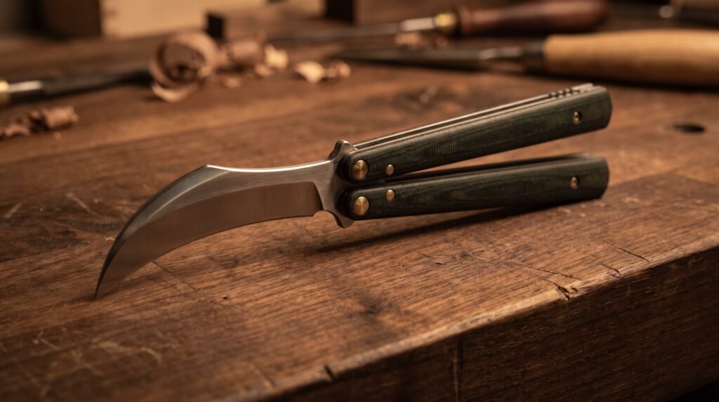 Handmade karambit butterfly knife lying open on a workbench with a curved hawkbill blade and micarta handles