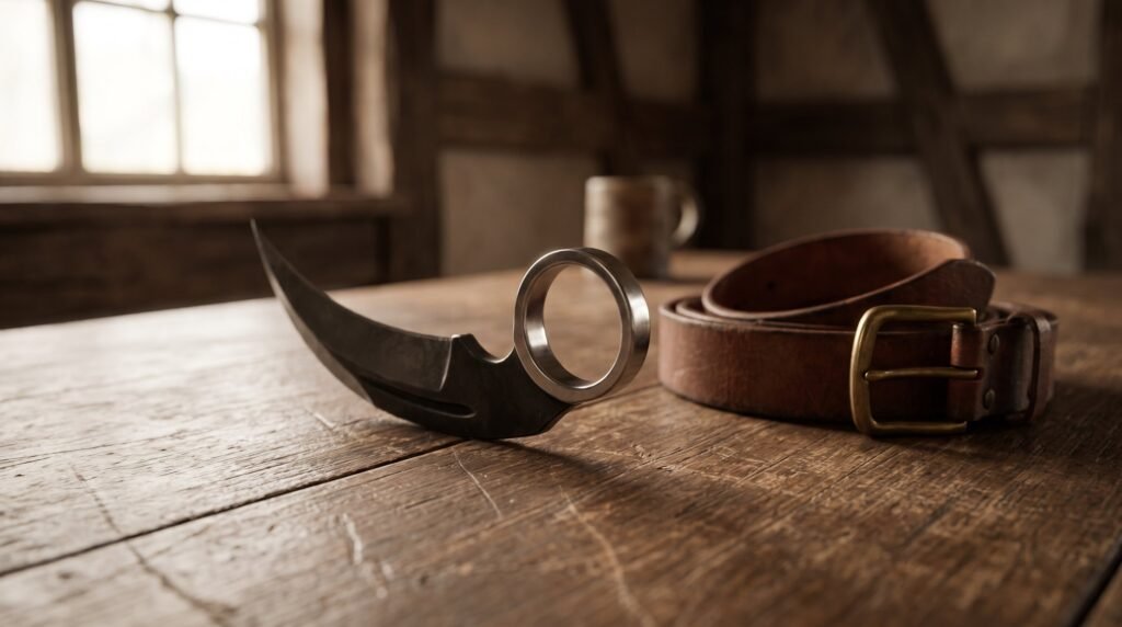 A karambit resting on a worn wooden table with its steel finger ring standing proud of the handle, a coiled brown leather belt beside it
