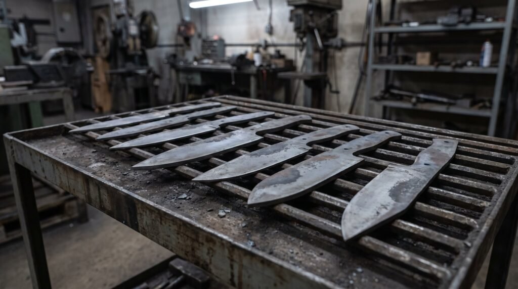 Six bare unsharpened knife blade blanks laid in a row on a steel heat treatment tray in a dim workshop