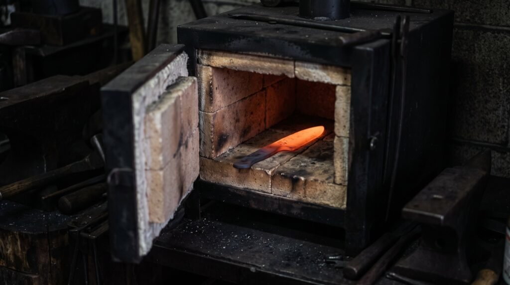 A knife blade glowing dull orange inside the open firebrick door of a small tempering oven