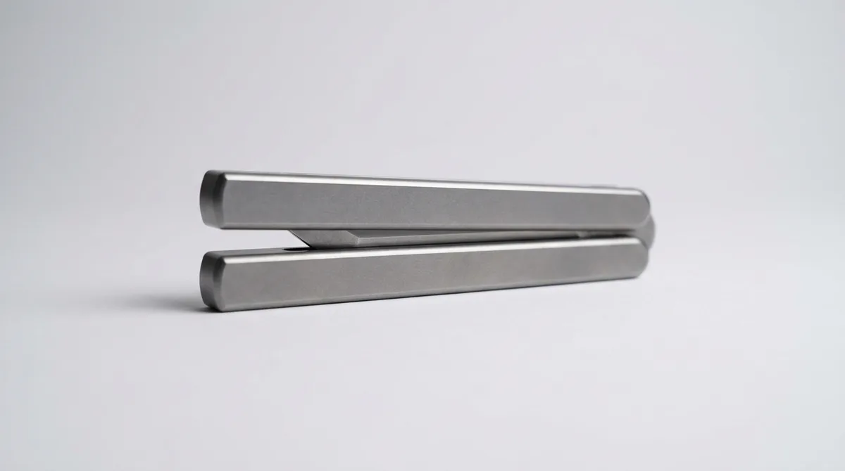 Latchless butterfly knife closed on grey seamless with smooth bare handle ends and no catch