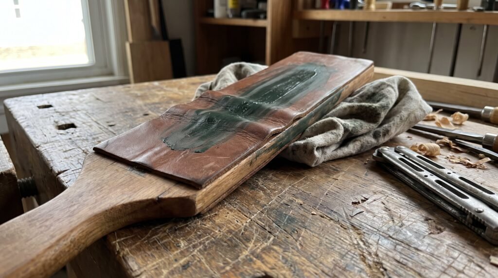 A well used leather strop on a wooden paddle loaded with green polishing compound beside a cloth and a closed butterfly knife