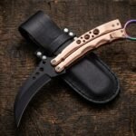 Liyab Handmade Karambit Balisong Butterfly Knife | Black Coated High Carbon Blade | Copper Handle with Titanium Ring and Leather Sheath BF-180