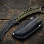Luntian Handmade Karambit Balisong Butterfly Knife | Black Coated High Carbon Blade | OD Green Micarta Handle with Titanium Ring and Leather Sheath BF-175
