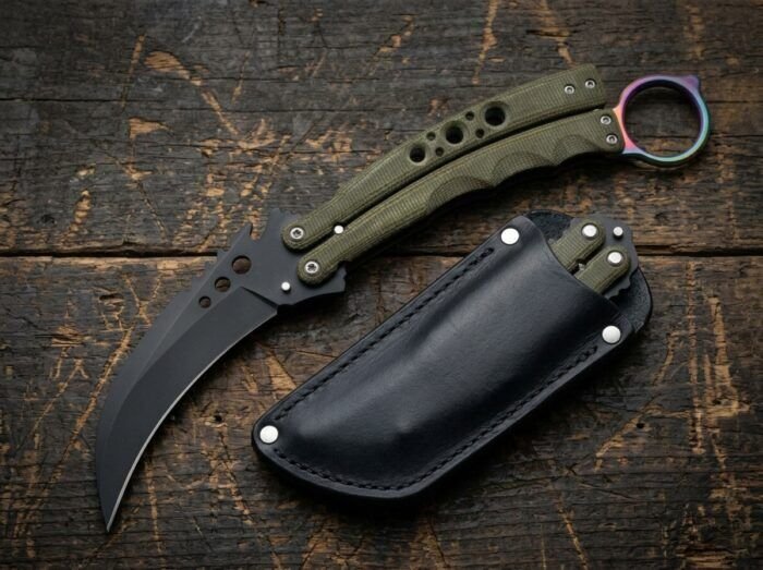 Luntian karambit balisong knife shown with its leather sheath