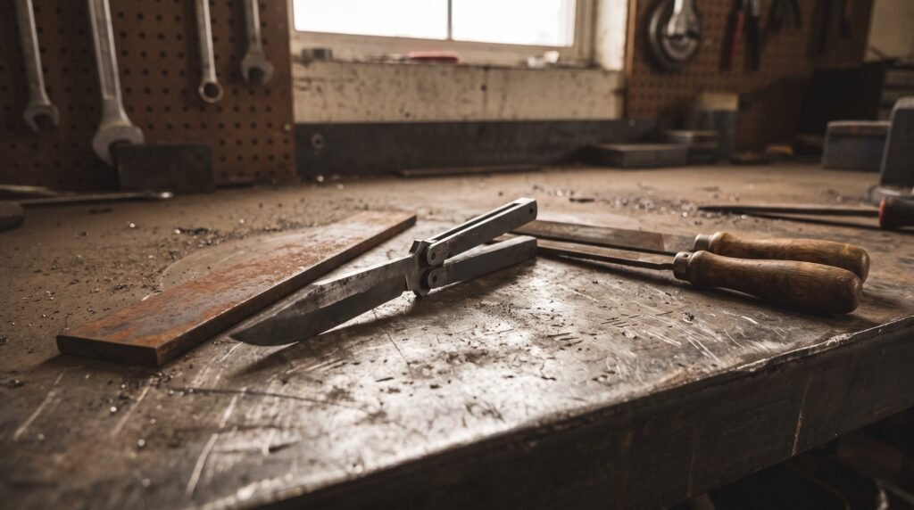 A rough cut unfinished knife blade blank in bare steel lying on a worn workbench beside flat bar stock and two hand files