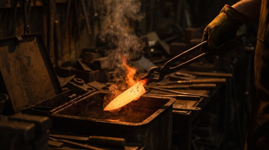 A knife blade glowing bright orange held in tongs above a dark quench tank with flame and smoke rising from the oil