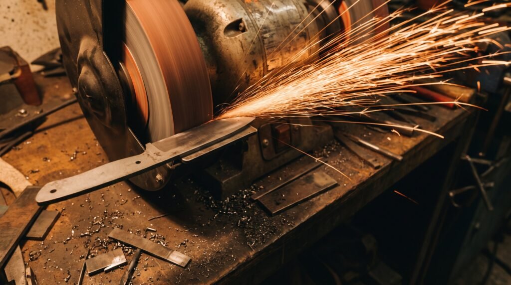 A drilled knife blade blank held against a spinning grinding wheel throwing a bright shower of orange sparks across a workshop bench