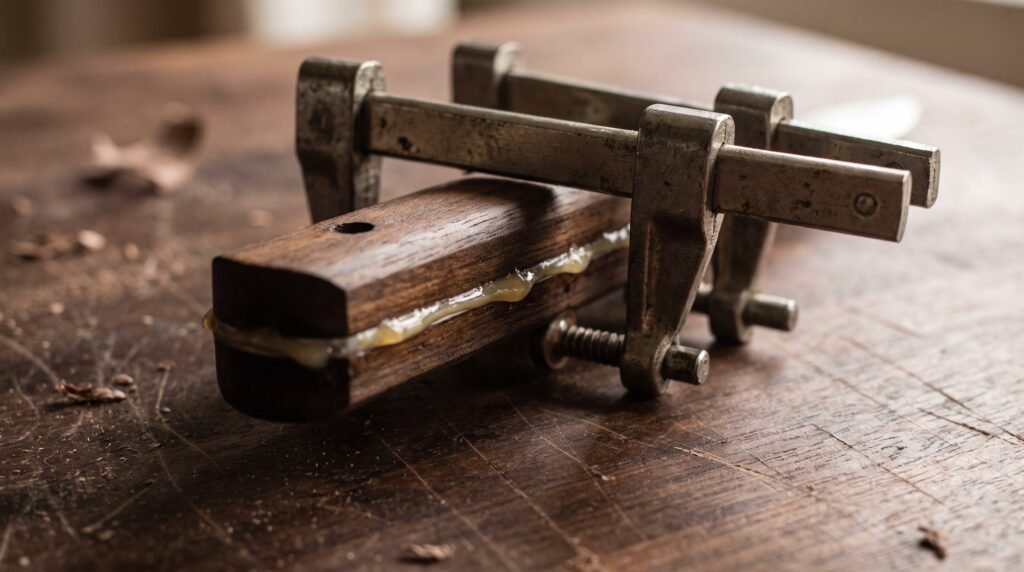 Two dark hardwood knife handle scales pressed together in steel bar clamps while the glue sets on a workbench