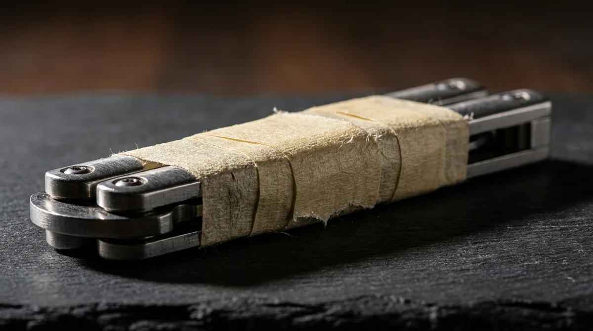 Masking tape wrapped in overlapping turns around the handle of a closed butterfly knife