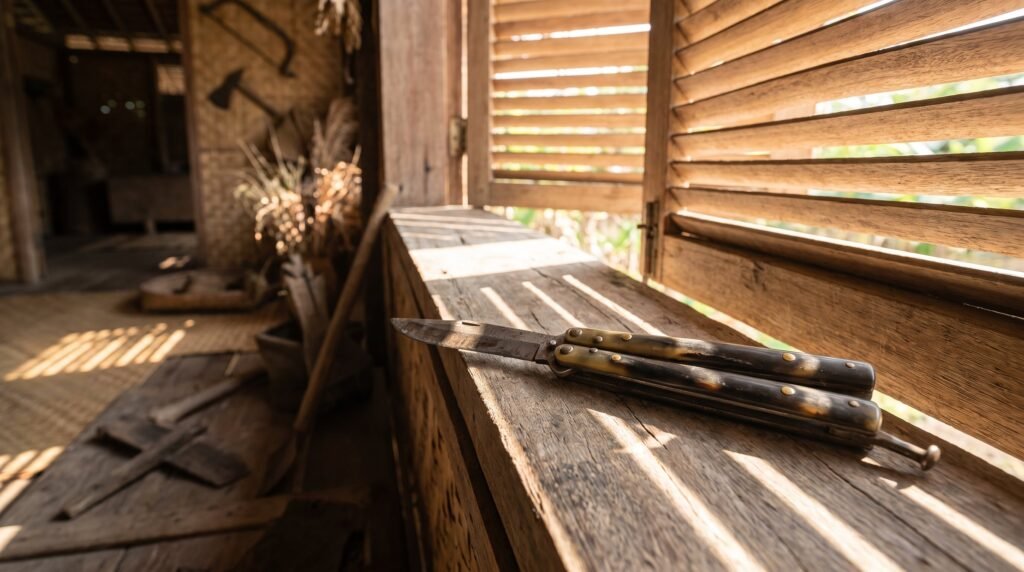 Well used balisong butterfly knife with worn horn handles resting on a weathered timber windowsill in striped afternoon light