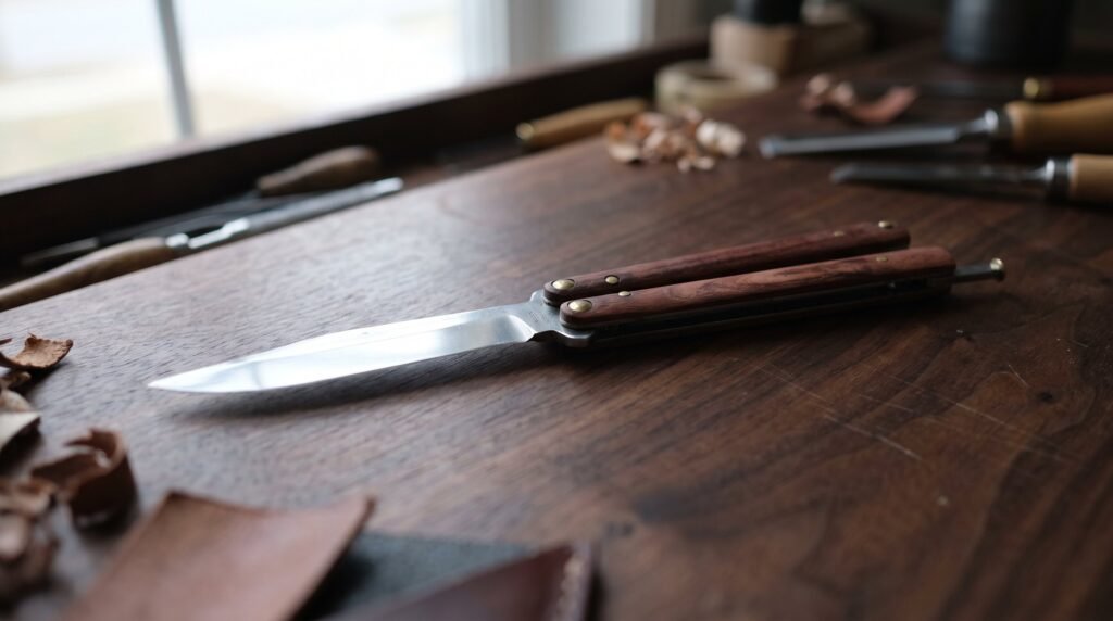 A single butterfly knife lying open and flat on a dark walnut workbench with rosewood handles and brass pivot pins