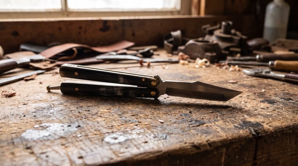 A butterfly knife lying open and flat on a worn workbench with an angular tanto blade catching the light