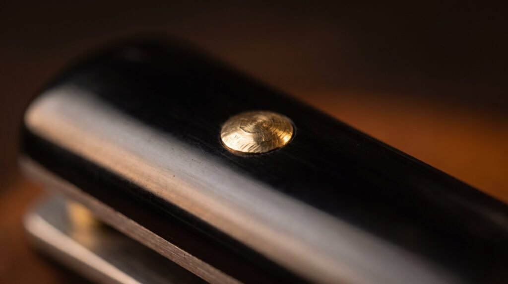 Extreme macro of a hand peened brass pin sitting flush against a polished black buffalo horn balisong handle