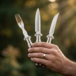 Piging Handmade Balisong Steak Knife Set of Three | High Polished High Carbon Steel | Rose Wood Handles with Leather Sheaths BF-171
