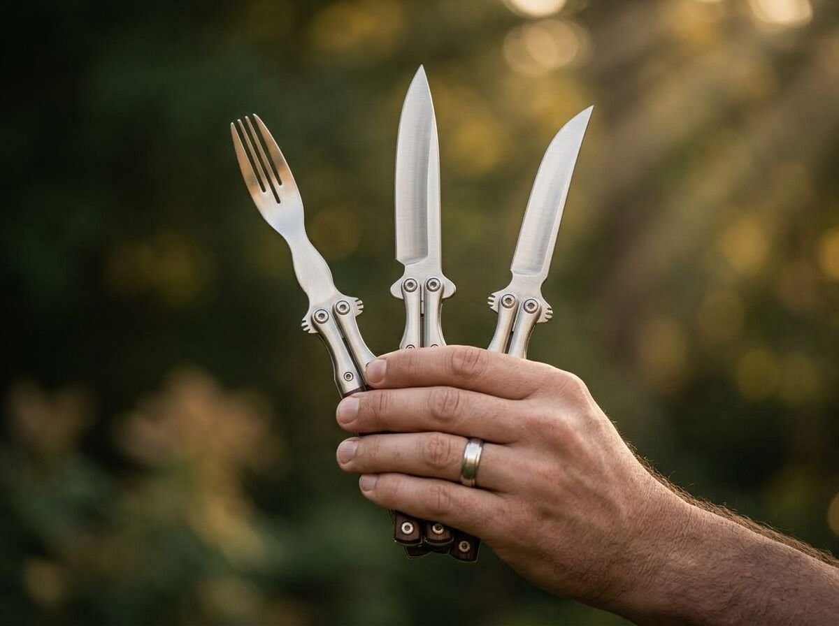 Piging balisong steak knife set held in hand Piging balisong steak knife set held in hand