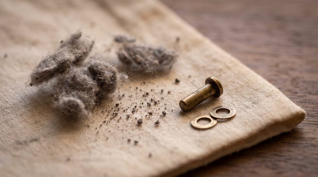 Pocket lint and fine grit on a folded cotton cloth beside the brass pivot pin and washers taken out of a butterfly knife