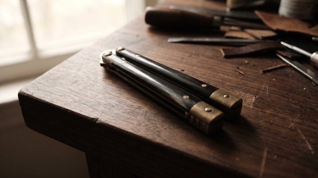 A closed butterfly knife with buffalo horn handles and brass pivot pins resting on a dark walnut workbench in side light