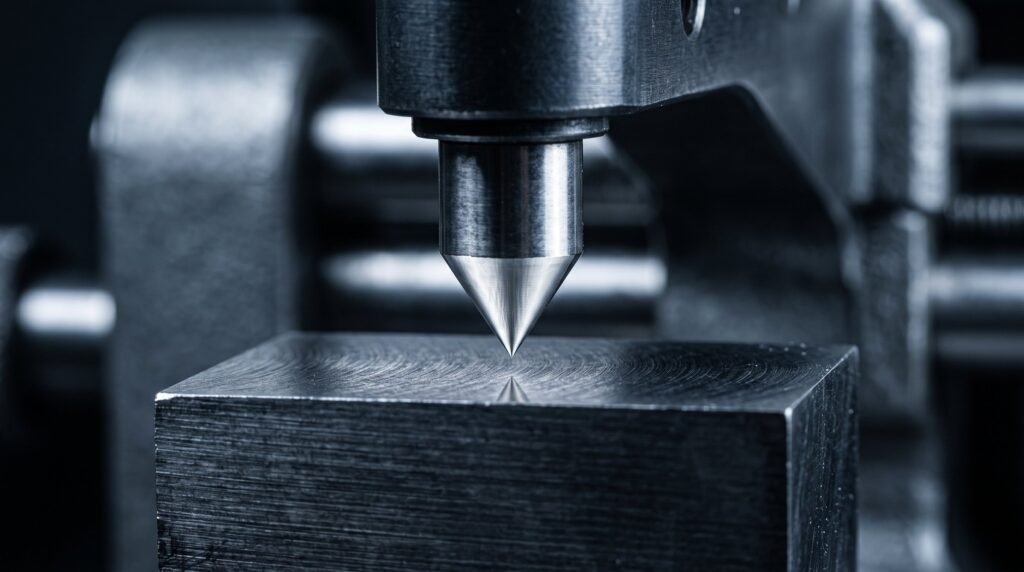 Macro of a conical diamond indenter tip on a hardness testing machine poised above a flat ground steel block