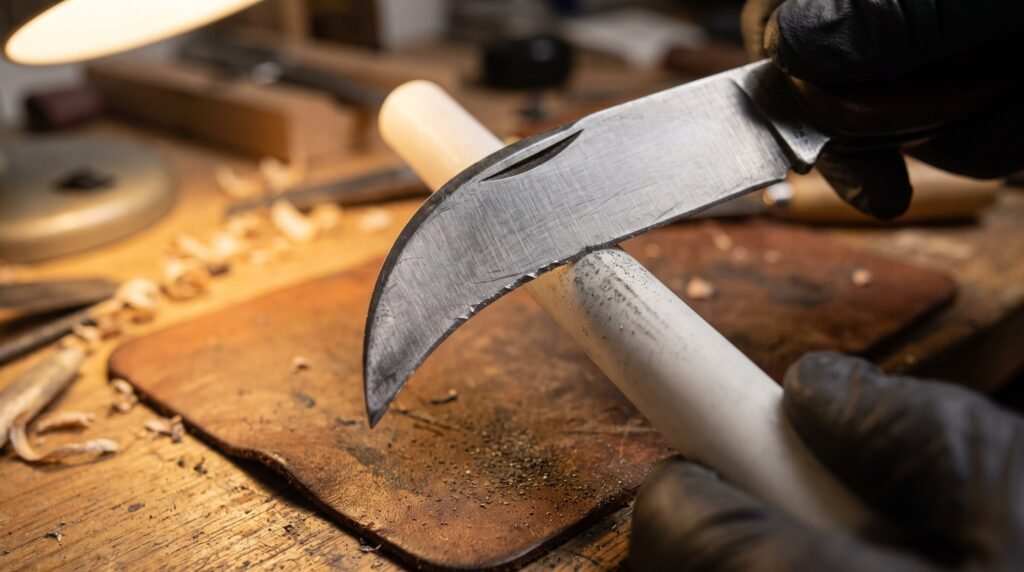 Curved hawkbill knife blade being sharpened along a round ceramic sharpening rod