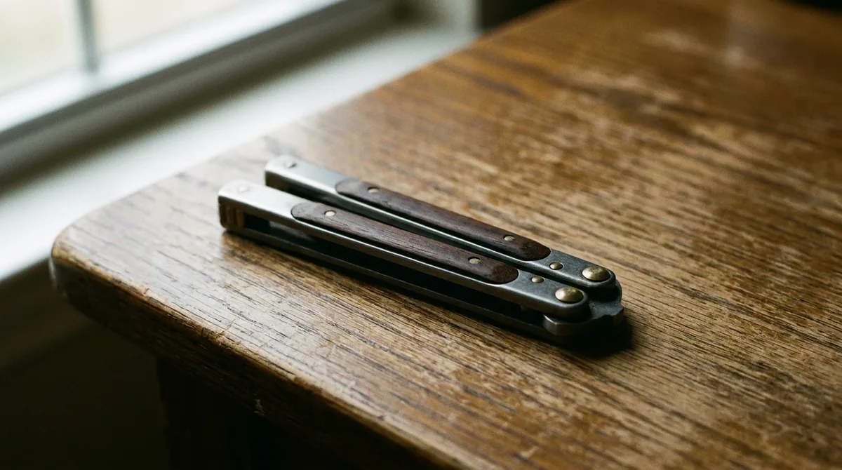 A plain unadorned butterfly knife lying closed on a scrubbed oak tabletop