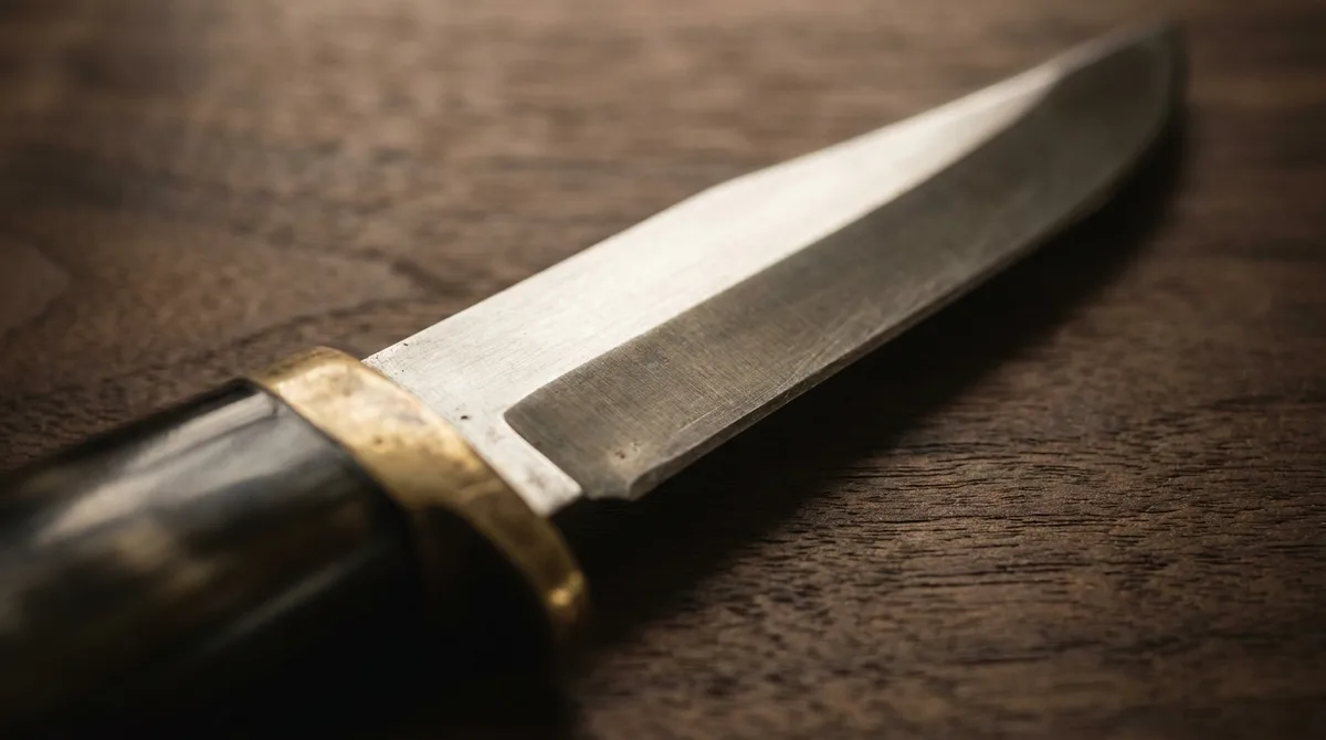 Macro of a single edged balisong blade with one ground bevel and a thick flat unsharpened spine