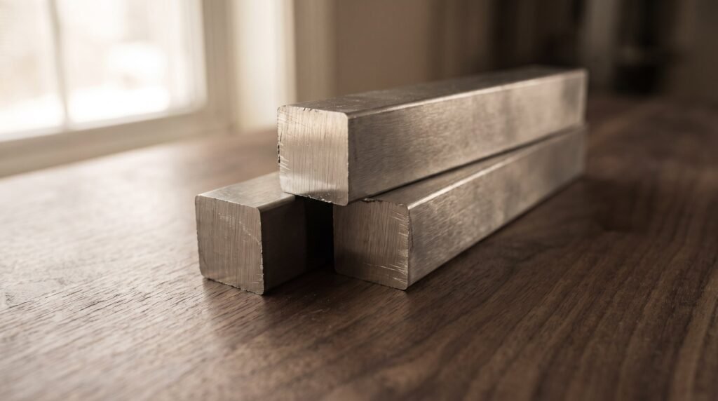 Bare steel bar stock billets stacked on a dark walnut workbench, the raw material a butterfly knife blade is ground from
