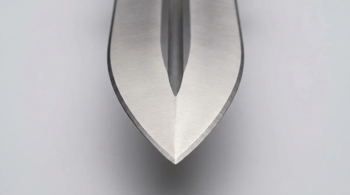 Macro of a symmetrical double edged blade with both bevels ground evenly to a centred point