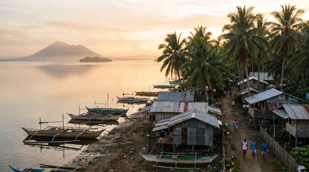 Rural Philippine lakeside town at dawn with a volcanic island rising from the lake, outrigger boats and coconut palms