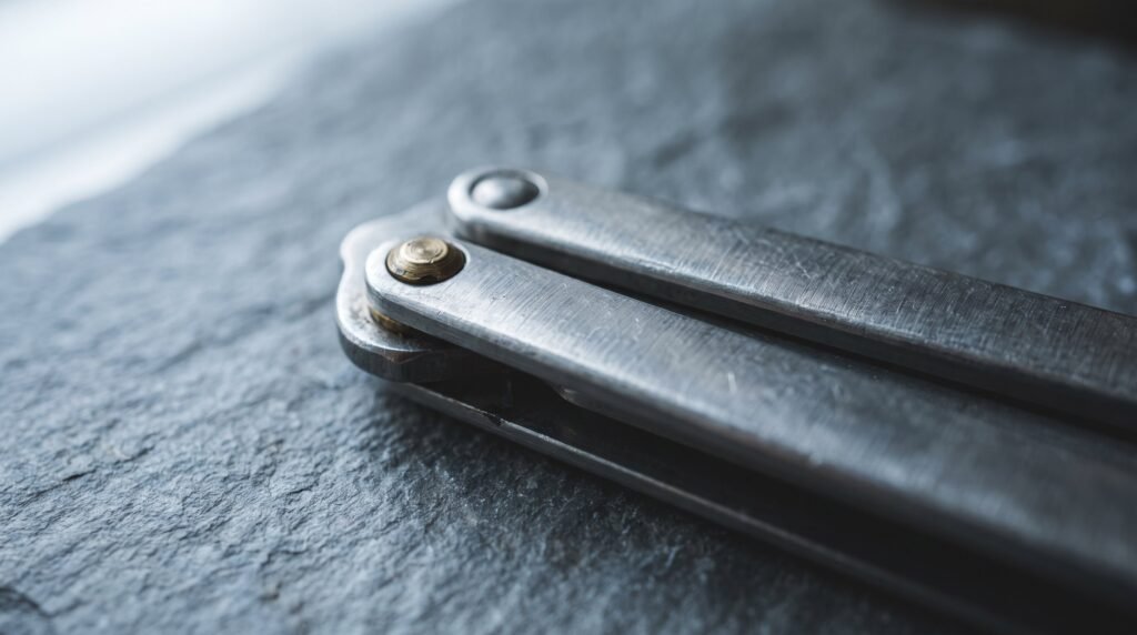 Macro of a closed balisong butterfly knife with bare brushed metal handles and a brass pivot pin on grey slate