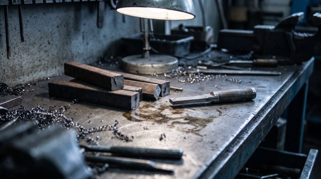 Raw metal bar stock, a rough handle blank and curled swarf on an oily machinist bench under hard workshop light